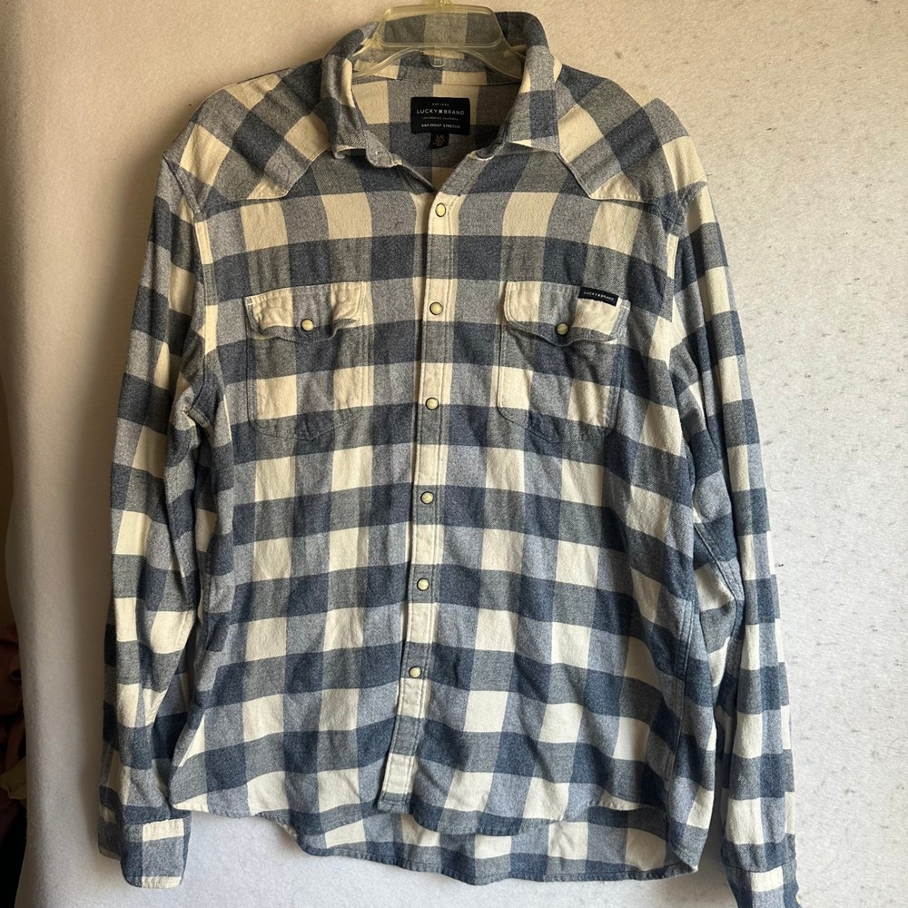 Lucky Brand Mens Saturday Stretch Western Pearl Snap Plaid Shirt Blue White L